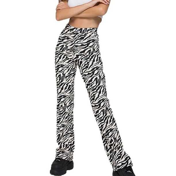 Women Stylish Zebra Print Striped Casual Pants Outdoor Elastic Pants S-XXL X9C4